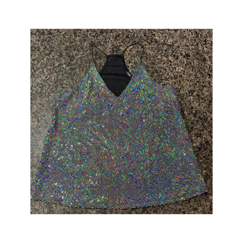 Papaya Holographic Disco Dot Halter Cami Top Black Multi‎ BT11019A Small